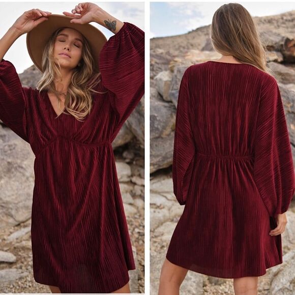 Stunning Boho Chic Rich Wine Red Velvet Ribbed V-Neck Long Sleeve Dress Large - Picture 2 of 6